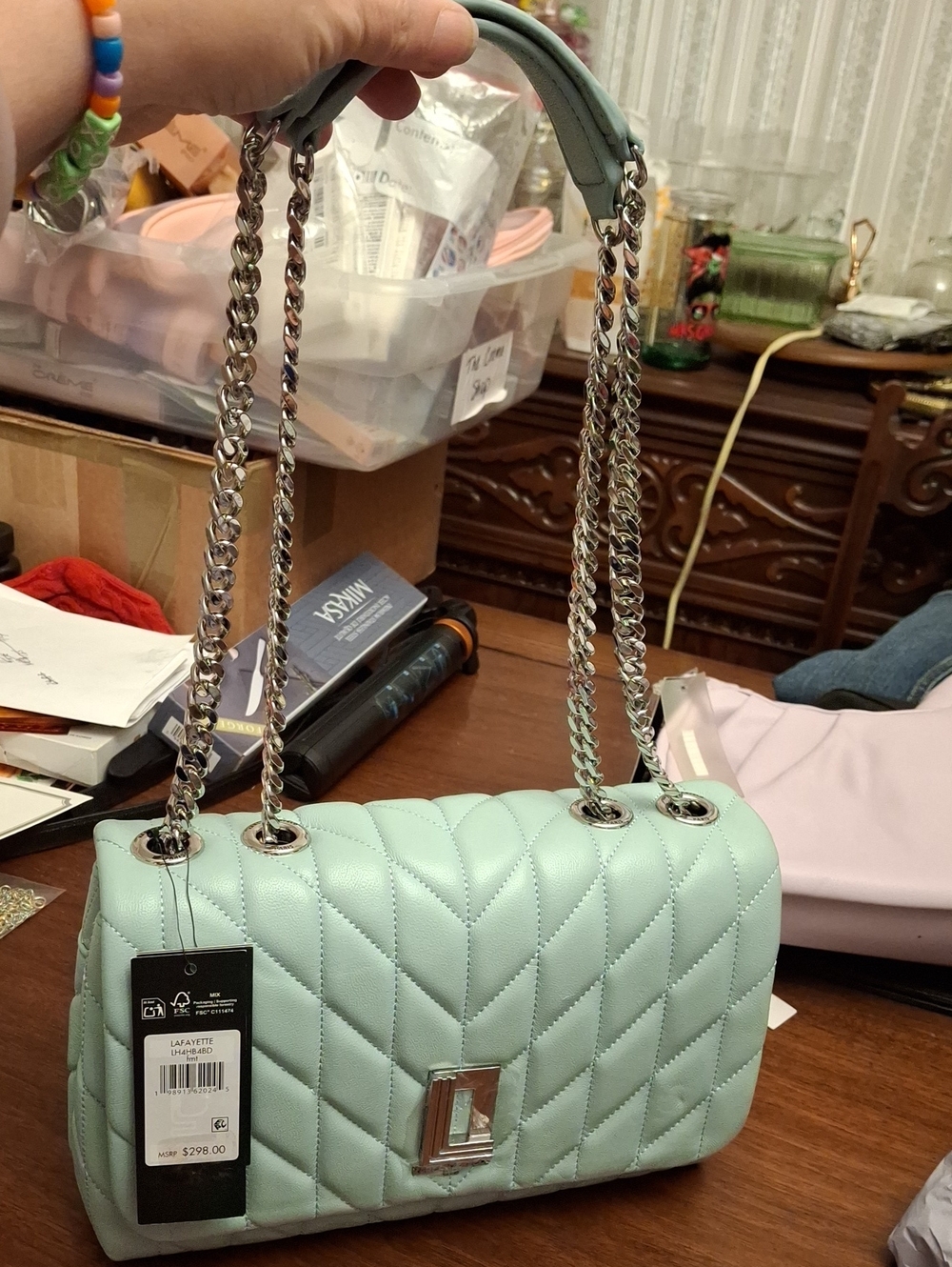 Mint green Karl Lagerfeld Paris Lafayette quilted shoulder bag chevron NWT